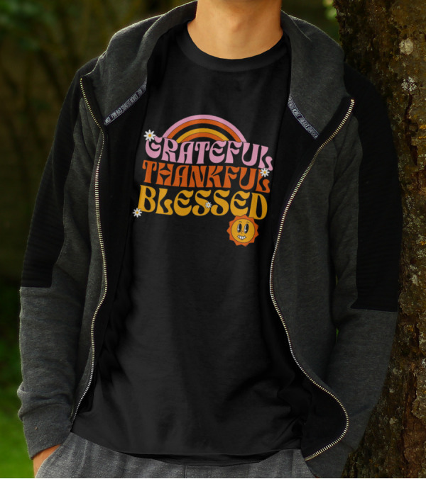 Grateful Thankful Blessed Retro Rainbow Sunflower Smiley Face T-Shirt