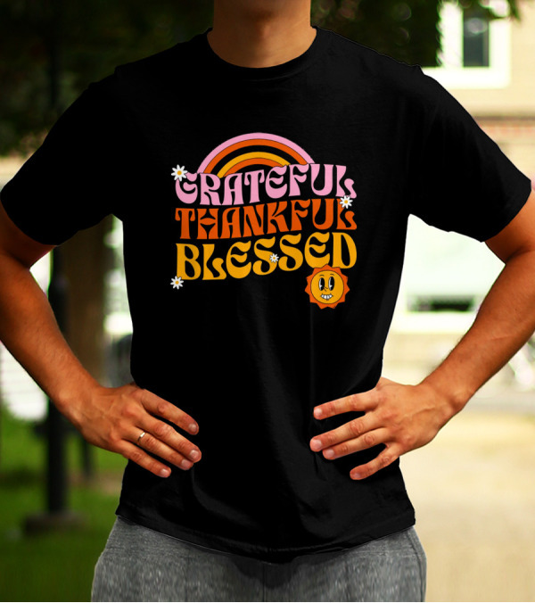 Grateful Thankful Blessed Retro Rainbow Sunflower Smiley Face T-Shirt