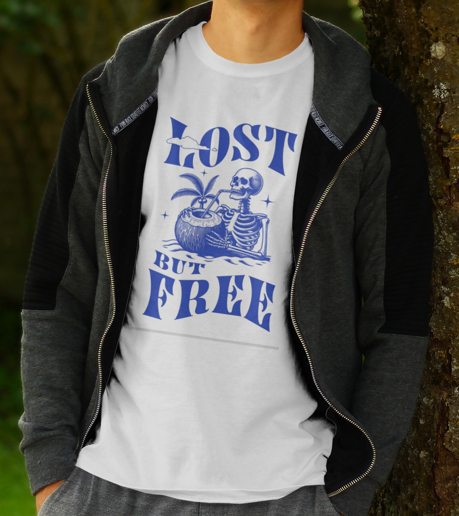 Lost But Free Skeleton With Coconut Drink Beach Vintage T-Shirt