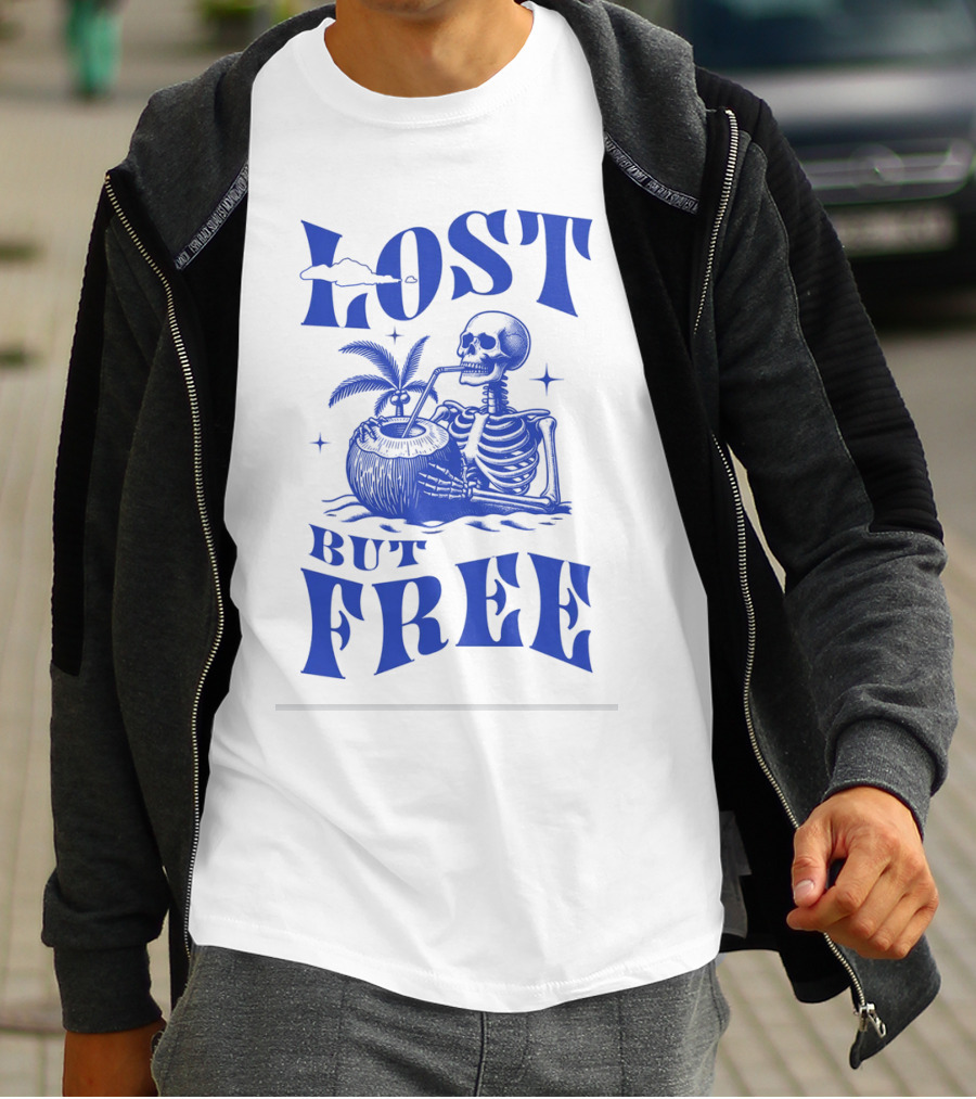 Lost But Free Skeleton With Coconut Drink Beach Vintage T-Shirt