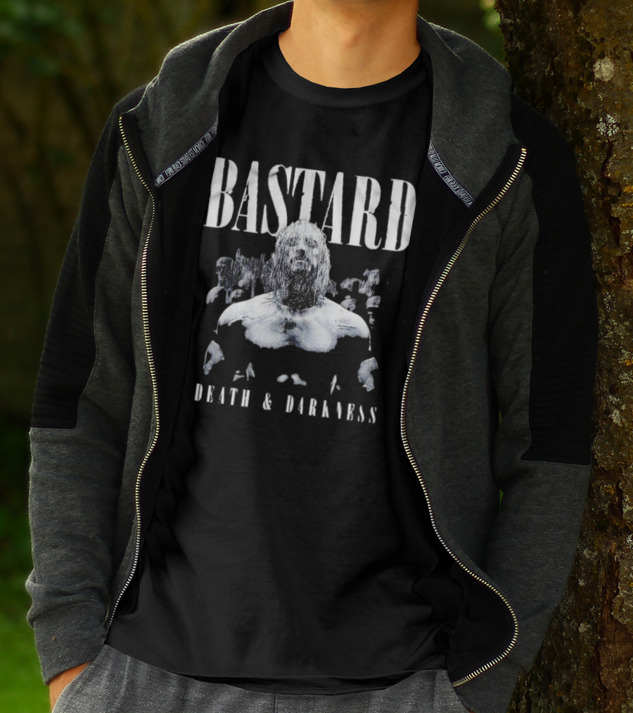 Bastard Death And Darkness Gritty Monochrome Warrior Surrounded By Shadowed Figures T-Shirt