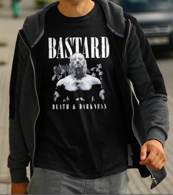Bastard Death And Darkness Gritty Monochrome Warrior Surrounded By Shadowed Figures T-Shirt