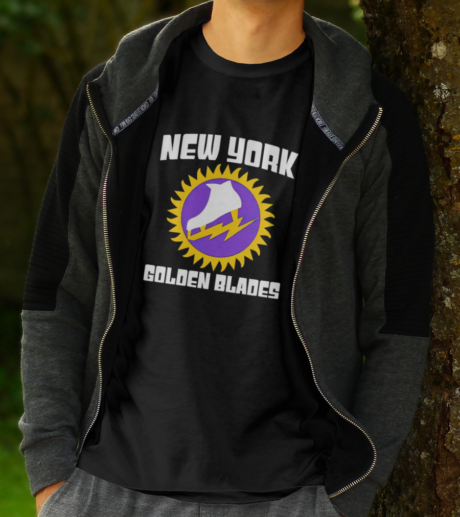 New York Golden Blades Ice Skate Logo With Purple And Gold Sunburst T-Shirt