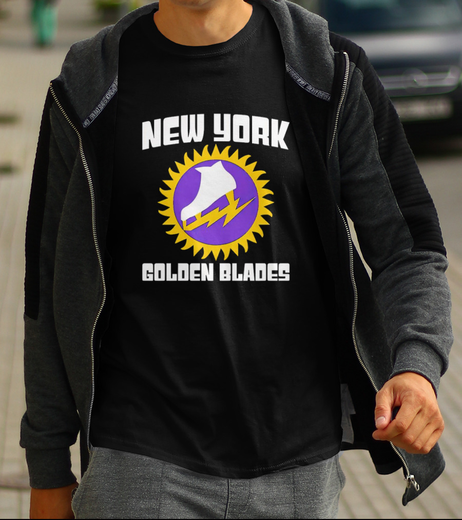 New York Golden Blades Ice Skate Logo With Purple And Gold Sunburst T-Shirt