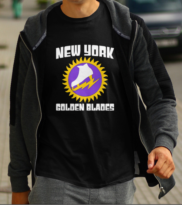 New York Golden Blades Ice Skate Logo With Purple And Gold Sunburst T-Shirt