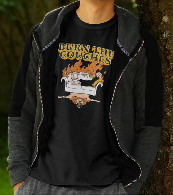 Burn The Couches Flaming Couch Cartoon Lion Rug T-Shirt