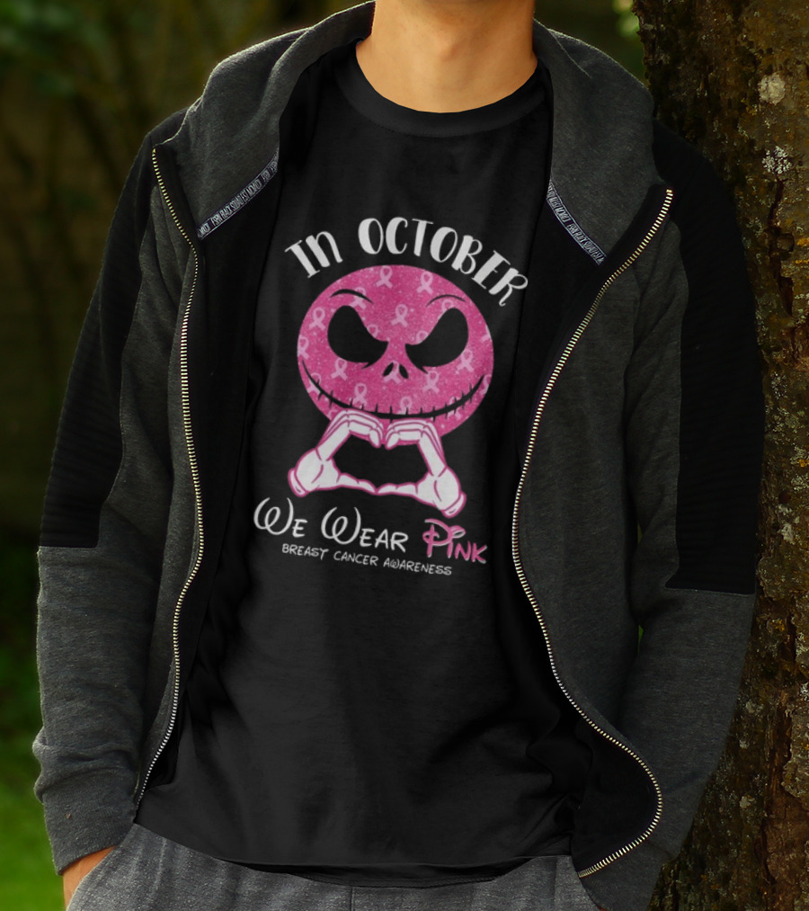 In October We Wear Pink Breast Cancer Awareness Jack Skellington T-Shirt