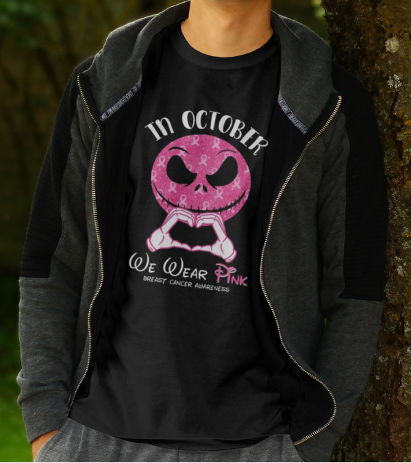 In October We Wear Pink Breast Cancer Awareness Jack Skellington T-Shirt