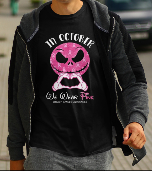 In October We Wear Pink Breast Cancer Awareness Jack Skellington T-Shirt
