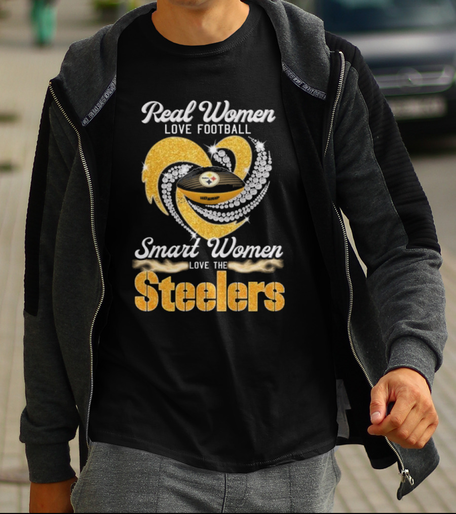 Real Women Love Football Smart Women Love The Steelers Diamond Heart T-Shirt
