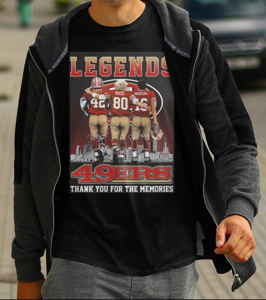 49ers Legends Montana Rice Lott Thank You For The Memories Skyline Signatures T-Shirt