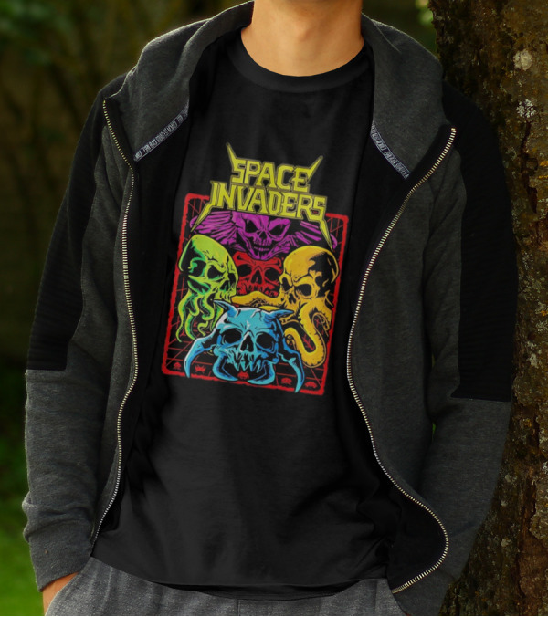 Space Invaders Neon Skull Cthulhu Quartet T-Shirt