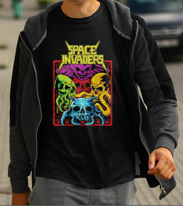 Space Invaders Neon Skull Cthulhu Quartet T-Shirt