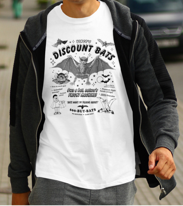 Vince's Discount Bats Unlimited Swoops Fright Machine 666-Buy-Bats T-Shirt