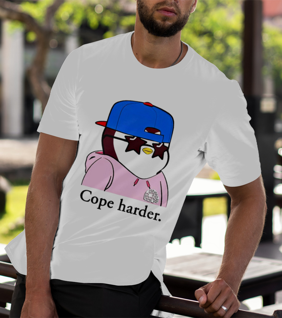 Pudgy Penguin Cope Harder Star Shades Blue Cap Pink T-Shirt