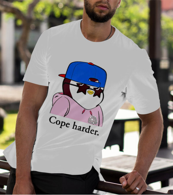 Pudgy Penguin Cope Harder Star Shades Blue Cap Pink T-Shirt
