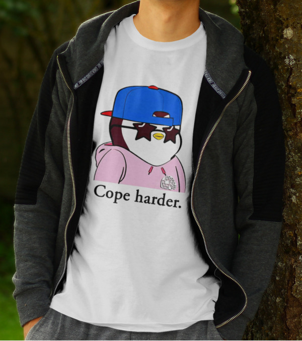 Pudgy Penguin Cope Harder Star Shades Blue Cap Pink T-Shirt