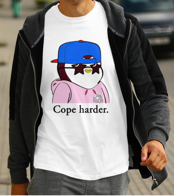 Pudgy Penguin Cope Harder Star Shades Blue Cap Pink T-Shirt