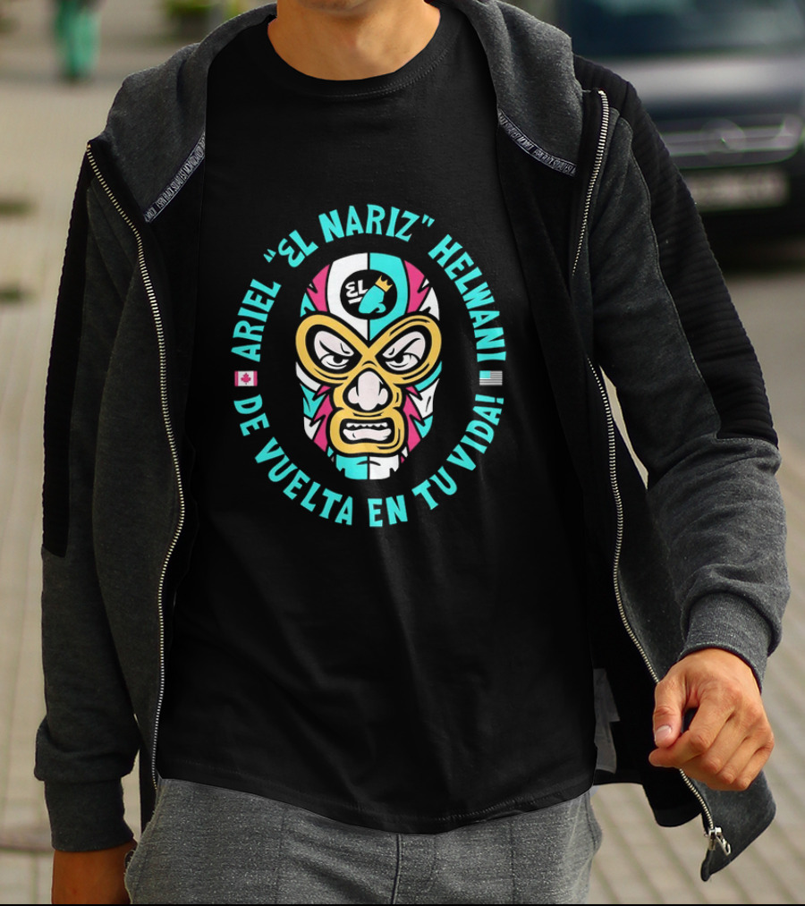 Ariel El Nariz Helwani De Vuelta En Tu Vida Lucha Libre Mask Canadian American Flags T-Shirt