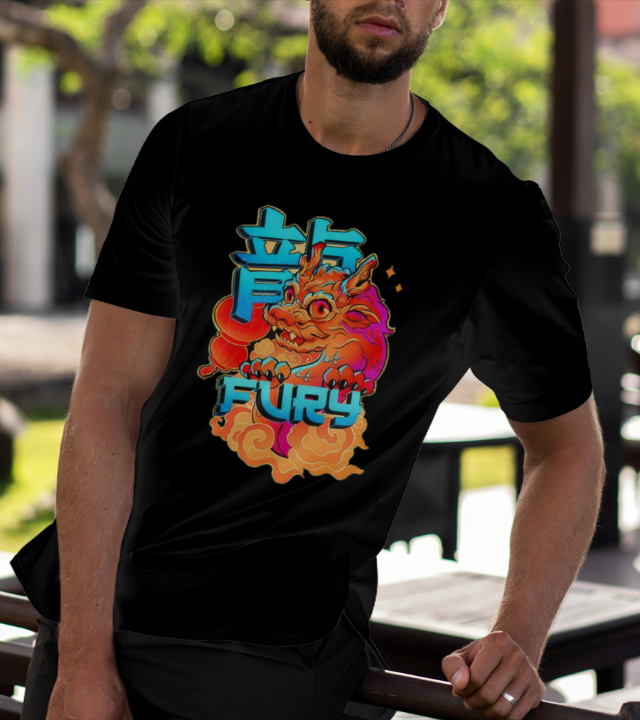 Dragon Fury Vibrant Mythical Creature With Neon Chinese Characters T-Shirt