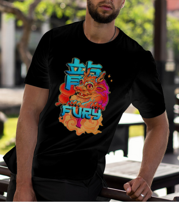 Dragon Fury Vibrant Mythical Creature With Neon Chinese Characters T-Shirt