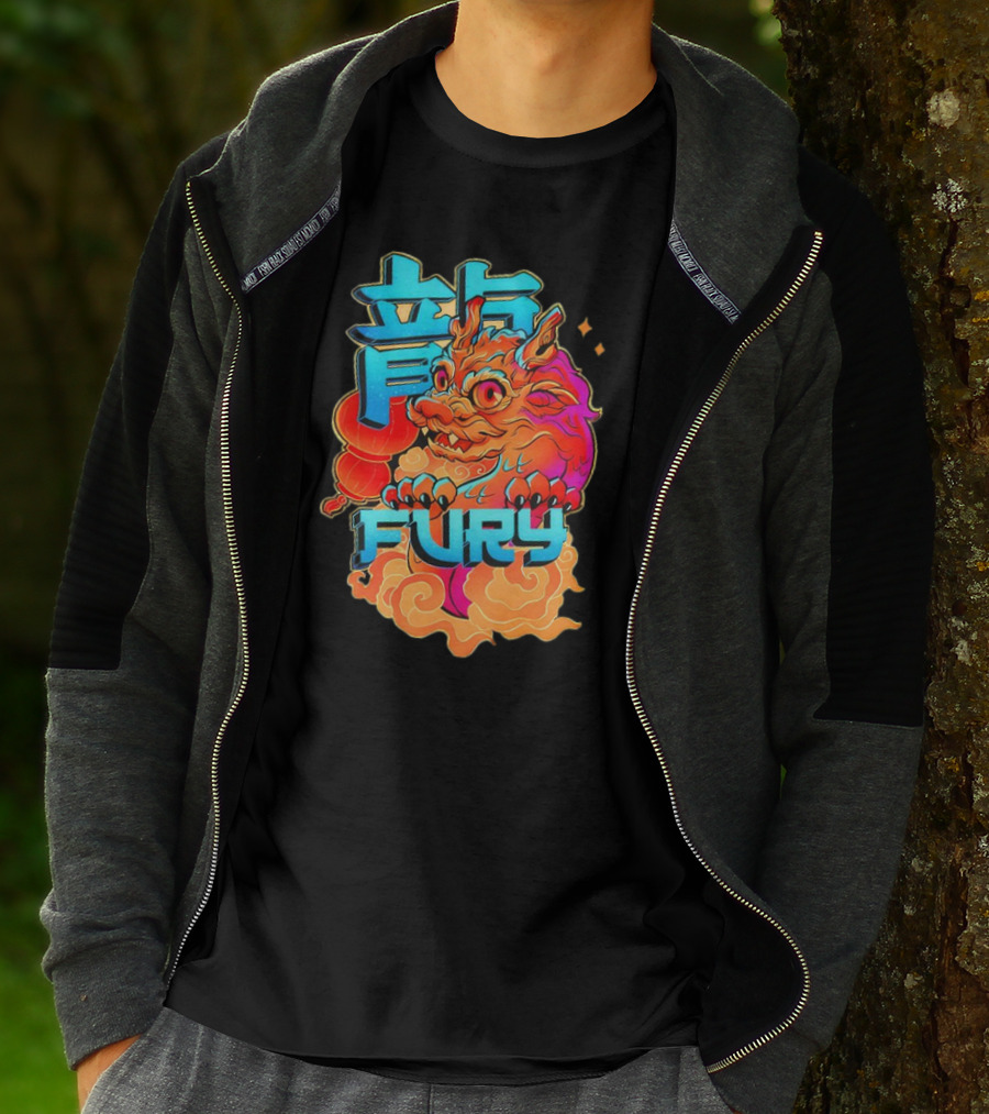 Dragon Fury Vibrant Mythical Creature With Neon Chinese Characters T-Shirt