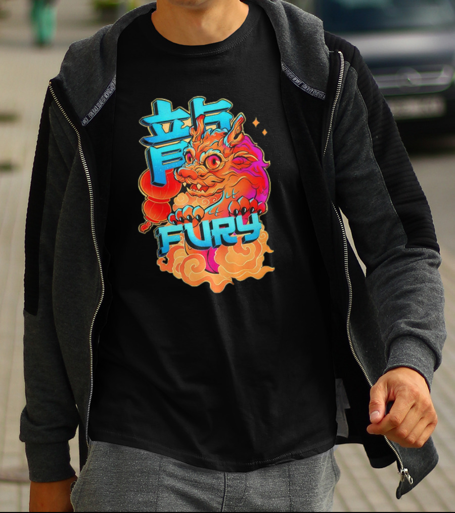 Dragon Fury Vibrant Mythical Creature With Neon Chinese Characters T-Shirt