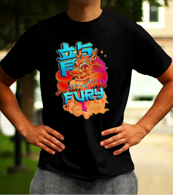 Dragon Fury Vibrant Mythical Creature With Neon Chinese Characters T-Shirt