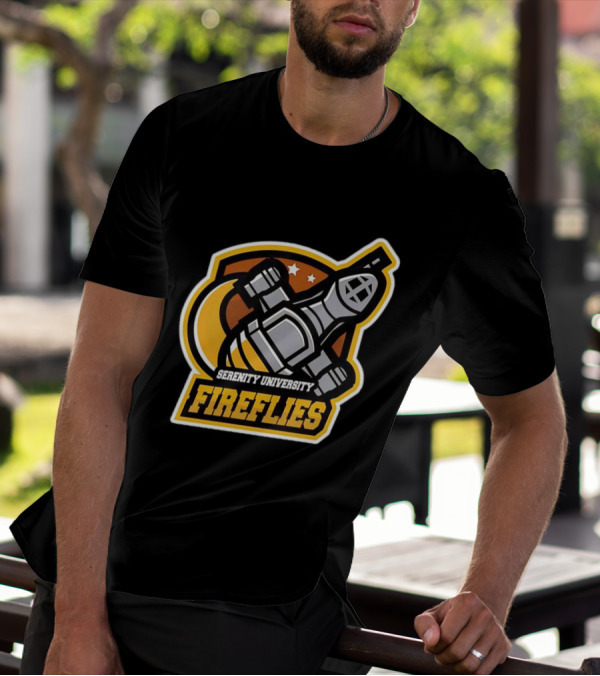Serenity University Fireflies Spaceship Logo With Stars And Moon T-Shirt
