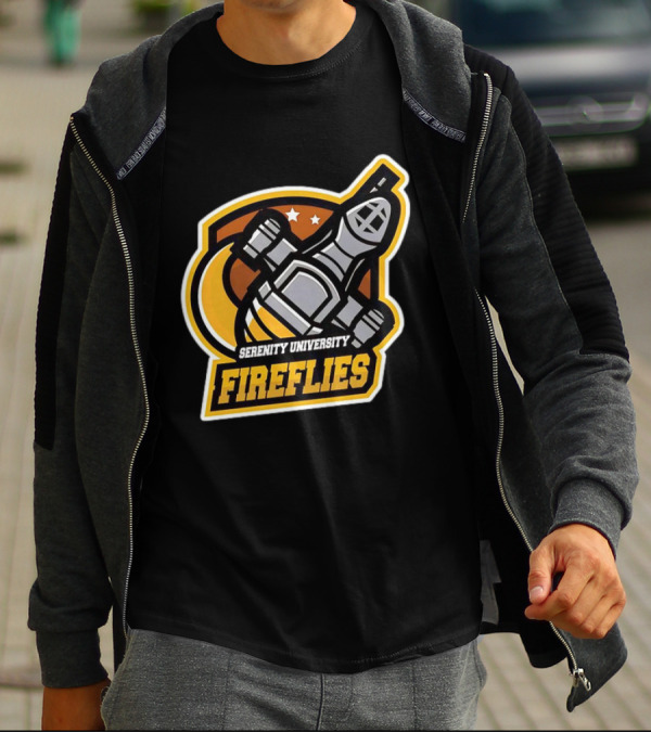 Serenity University Fireflies Spaceship Logo With Stars And Moon T-Shirt