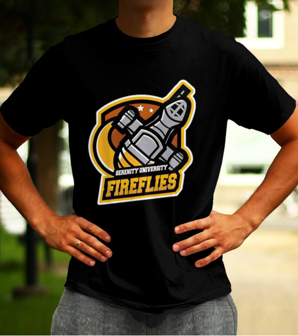 Serenity University Fireflies Spaceship Logo With Stars And Moon T-Shirt