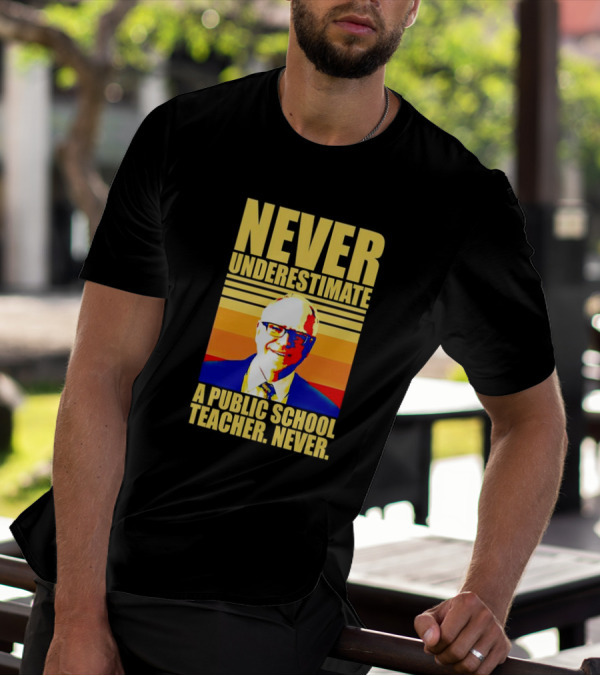 Never Underestimate A Public School Teacher Never Tim Walz Vintage Retro Stripes T-Shirt