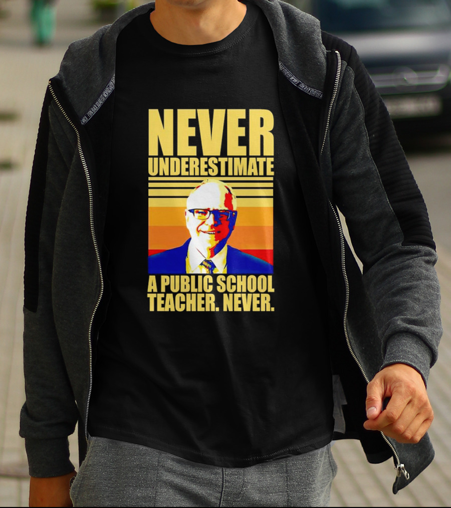Never Underestimate A Public School Teacher Never Tim Walz Vintage Retro Stripes T-Shirt