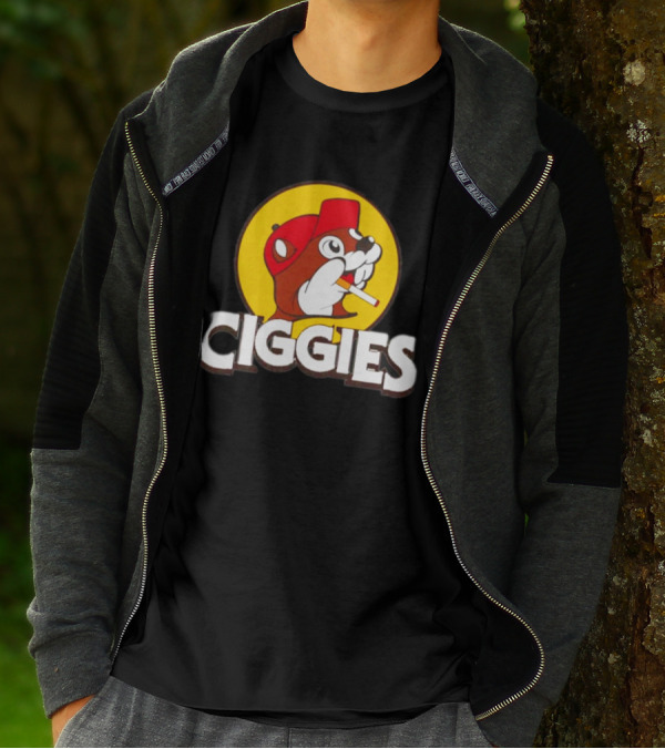 Buc-ees Ciggies Beanie Wearing Animal Carton Smoking Humorous T-Shirt