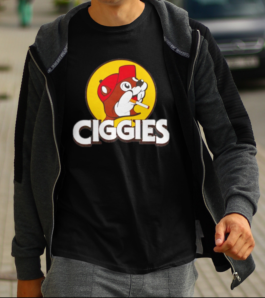 Buc-ees Ciggies Beanie Wearing Animal Carton Smoking Humorous T-Shirt