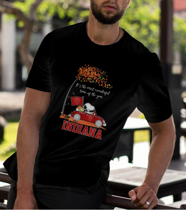 Indiana Hoosiers Snoopy And Woodstock Driving Car Fall It’s The Most Wonderful Time Of The Year T-Shirt