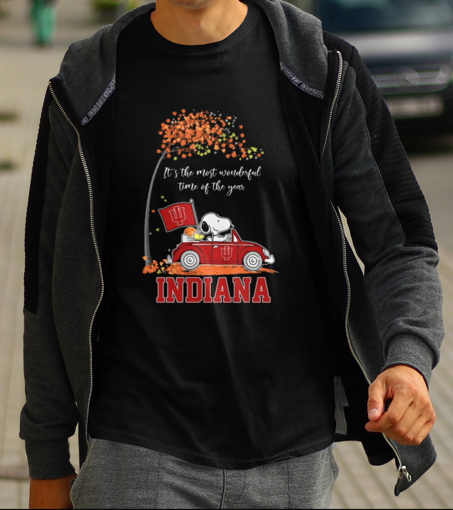 Indiana Hoosiers Snoopy And Woodstock Driving Car Fall It’s The Most Wonderful Time Of The Year T-Shirt