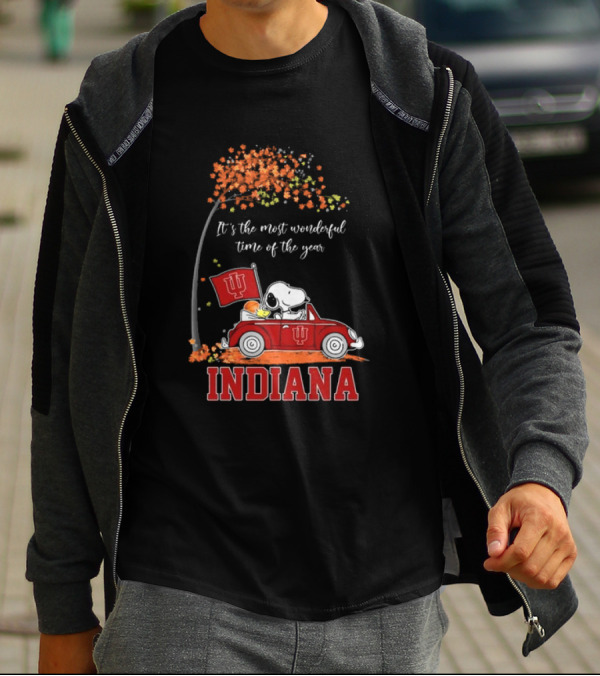 Indiana Hoosiers Snoopy And Woodstock Driving Car Fall It’s The Most Wonderful Time Of The Year T-Shirt