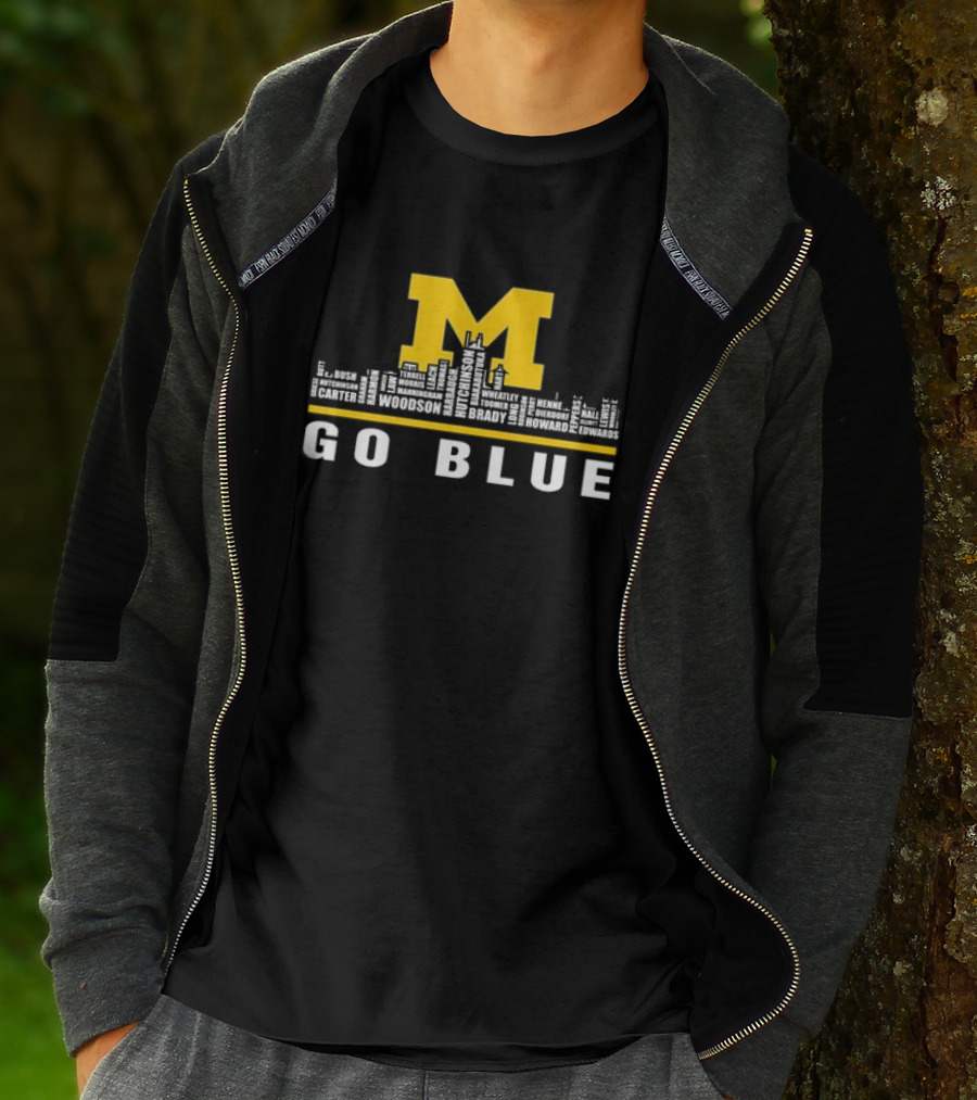 Michigan Wolverines Go Blue Skyline With Woodson Hutchinson Brady Names T-Shirt