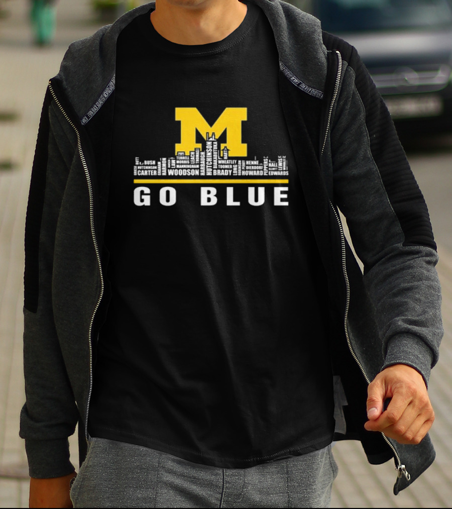 Michigan Wolverines Go Blue Skyline With Woodson Hutchinson Brady Names T-Shirt