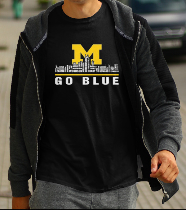 Michigan Wolverines Go Blue Skyline With Woodson Hutchinson Brady Names T-Shirt
