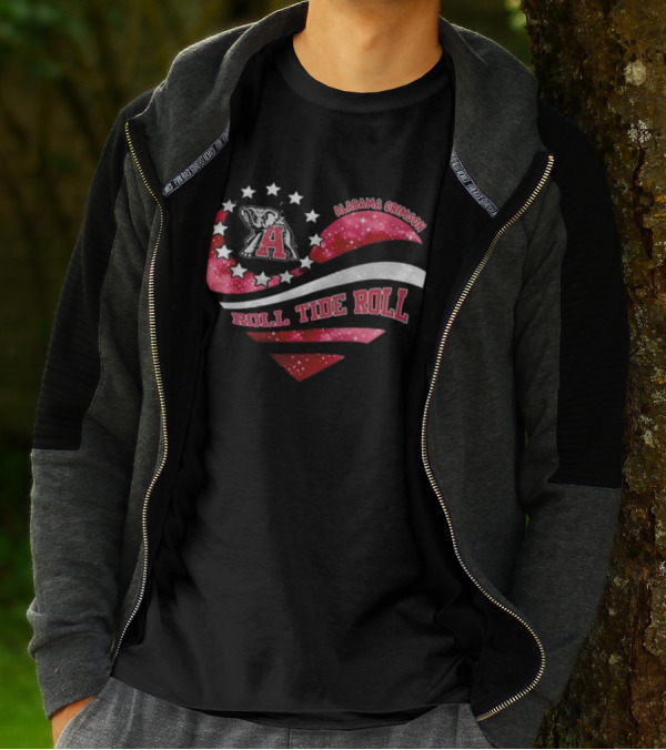 Alabama Crimson Roll Tide Roll Heart With Elephant And Stars T-Shirt