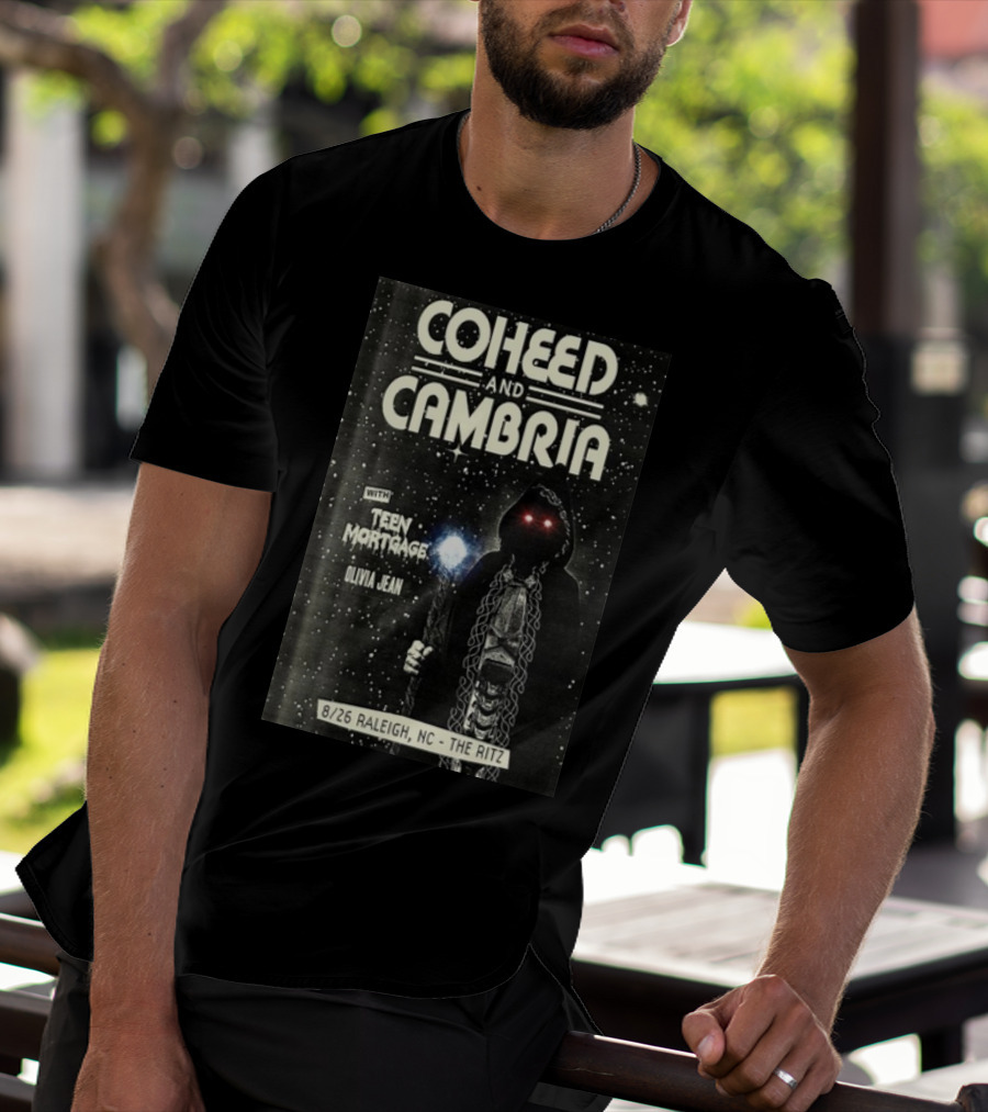 Coheed And Cambria 8/26 Raleigh NC The Ritz With Teen Mortgage Olivia Jean Mysterious Hooded Figure With Cosmic Background T-Shirt