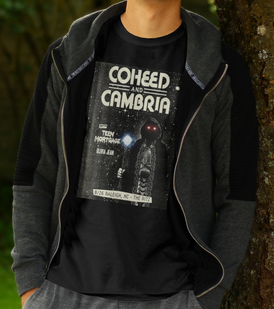 Coheed And Cambria 8/26 Raleigh NC The Ritz With Teen Mortgage Olivia Jean Mysterious Hooded Figure With Cosmic Background T-Shirt