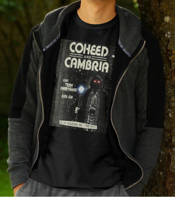 Coheed And Cambria 8/26 Raleigh NC The Ritz With Teen Mortgage Olivia Jean Mysterious Hooded Figure With Cosmic Background T-Shirt