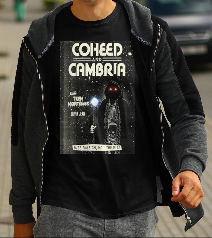 Coheed And Cambria 8/26 Raleigh NC The Ritz With Teen Mortgage Olivia Jean Mysterious Hooded Figure With Cosmic Background T-Shirt
