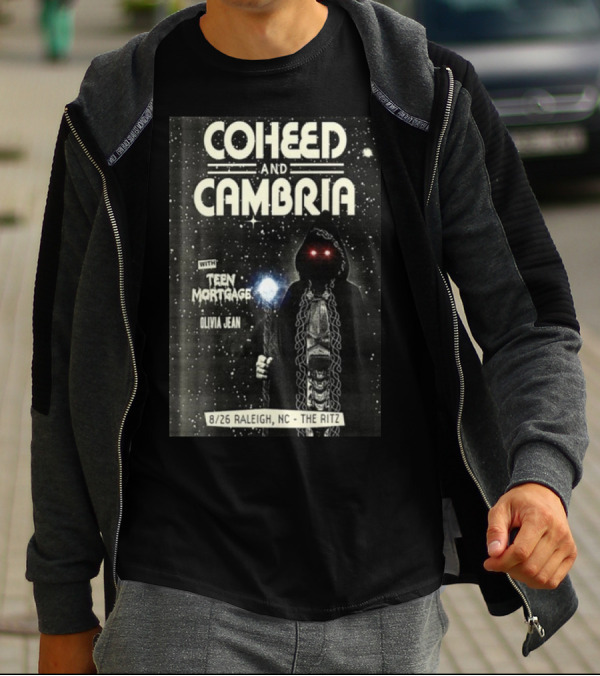 Coheed And Cambria 8/26 Raleigh NC The Ritz With Teen Mortgage Olivia Jean Mysterious Hooded Figure With Cosmic Background T-Shirt