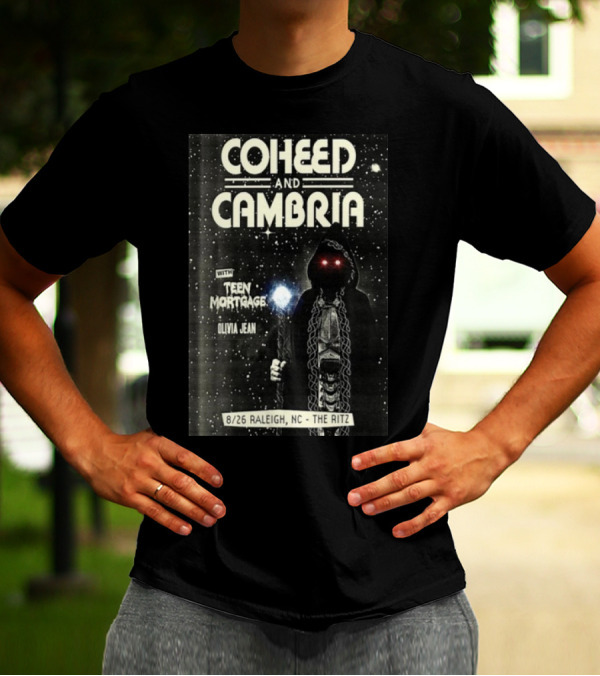 Coheed And Cambria 8/26 Raleigh NC The Ritz With Teen Mortgage Olivia Jean Mysterious Hooded Figure With Cosmic Background T-Shirt