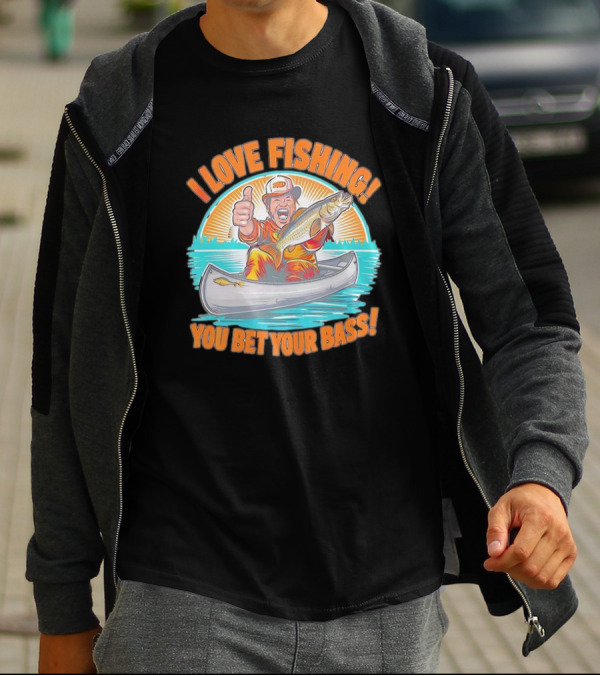 I Love Fishing You Bet Your Bass Fisherman In Canoe With Thumbs Up T-Shirt