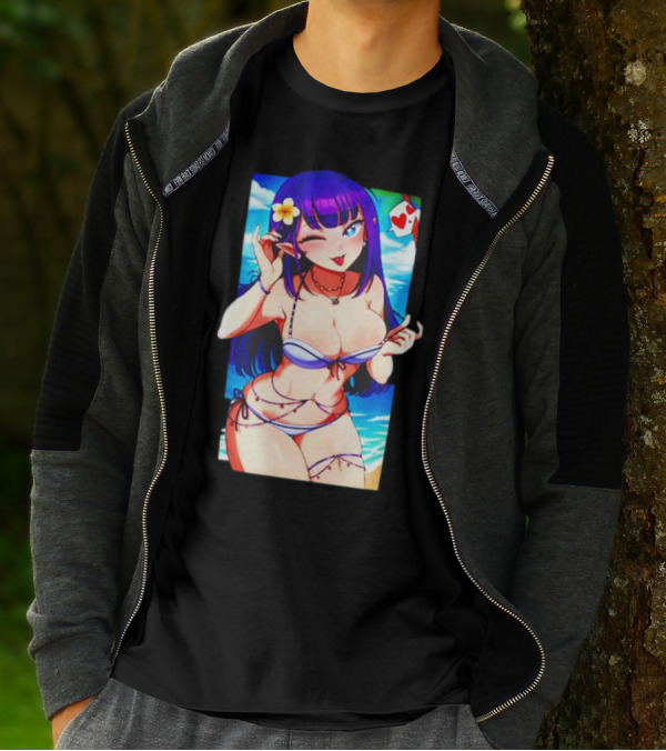 Hot Waifu Chika Fujiwara V2 Beach Anime Girl Winking Playing Card Flower Bikini T-Shirt